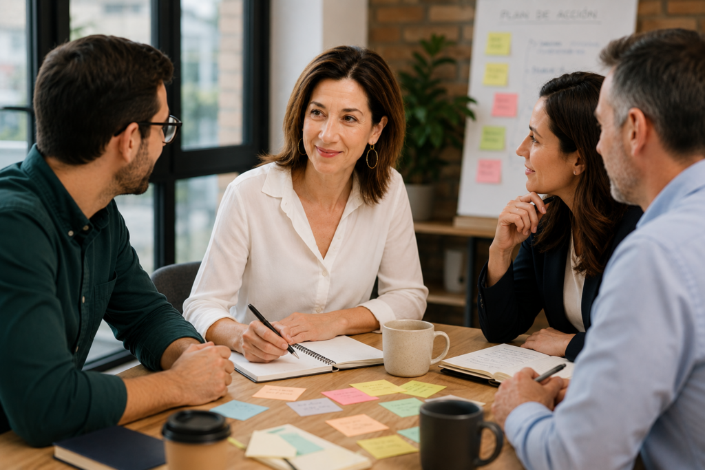 Personas colaborando en una mesa de trabajo
